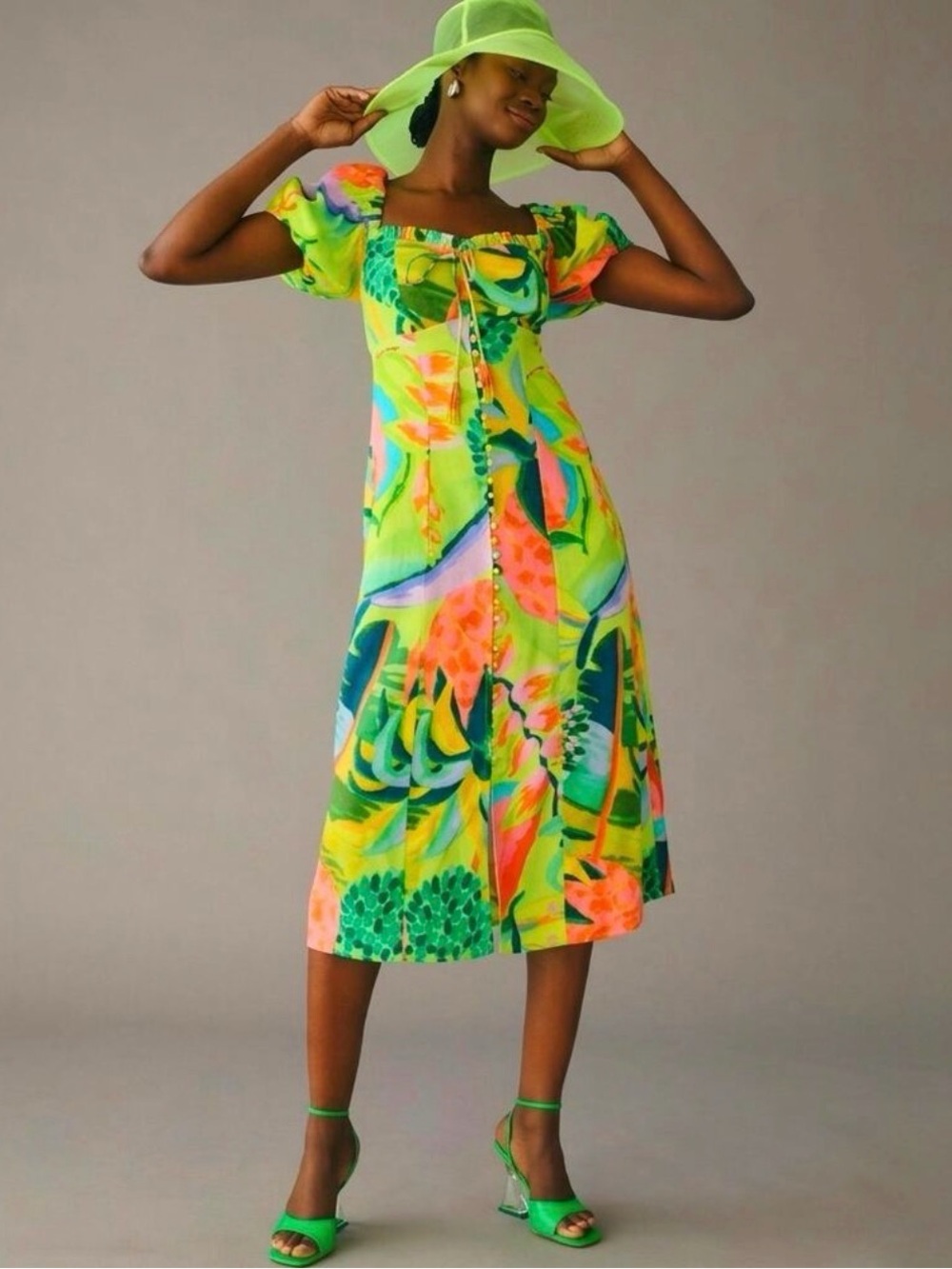 Farm Rio Anthropologie Midi Dress Tropical Print Puff Sleeve Linen Green Medium